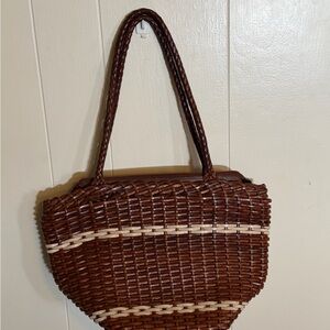 Elegant Brown Woven Tote with Cream Accents
